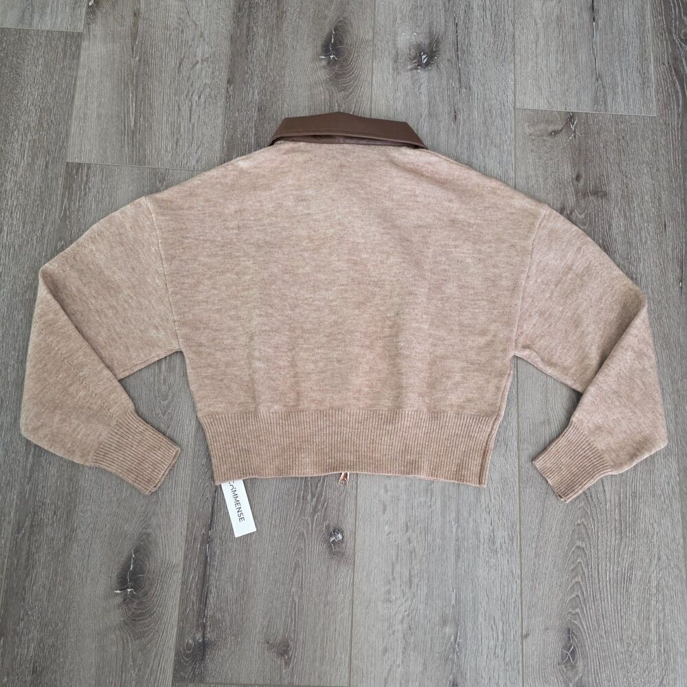Commense Contrast Trim Cropped Cardigan Sz M Full Zip Faux Leather Collar NWT - Picture 4 of 4